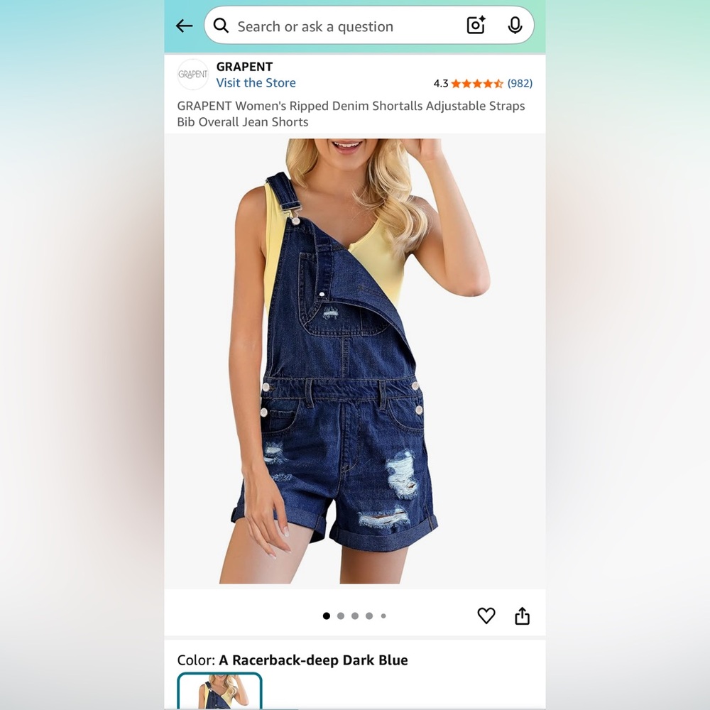 Grapent women's ripped jean short overalls, deep dark blue, size M